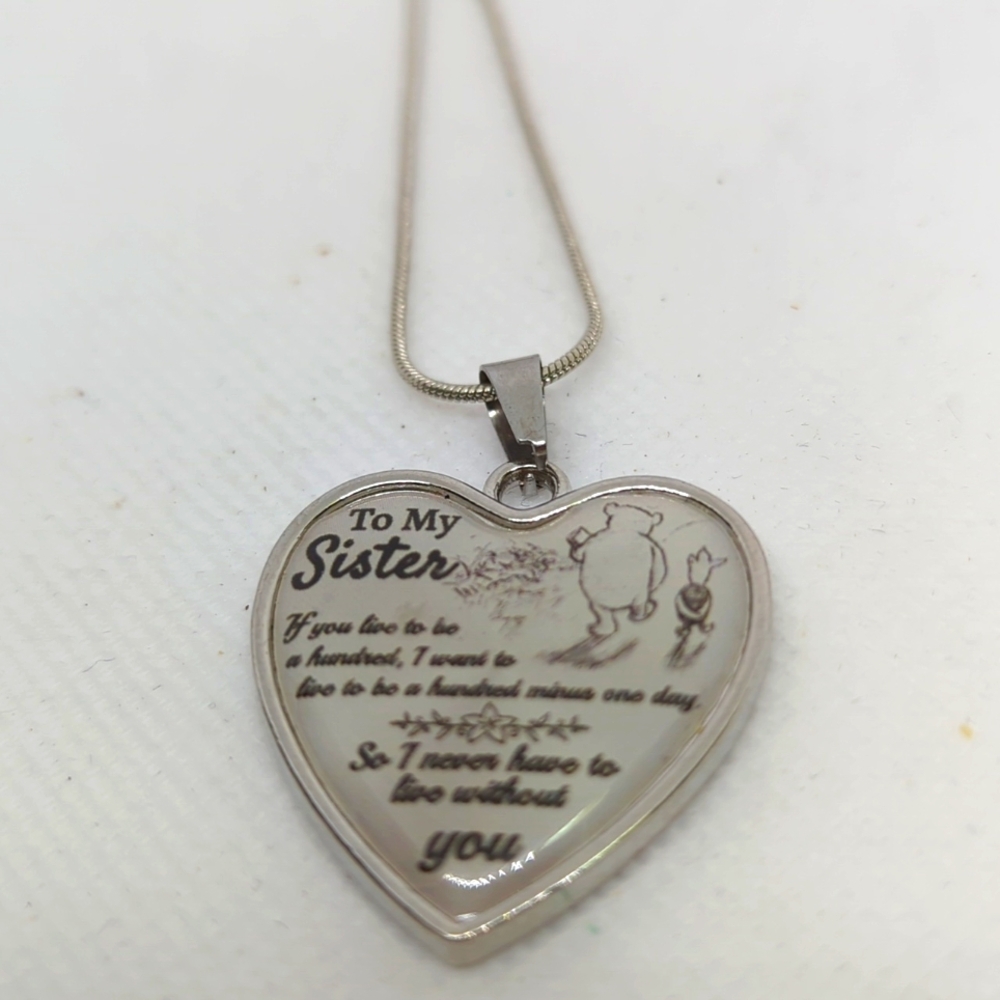 SISTER HEART Pendant "To My" with Poem on Long Silver Rope Chain Stainless Steel